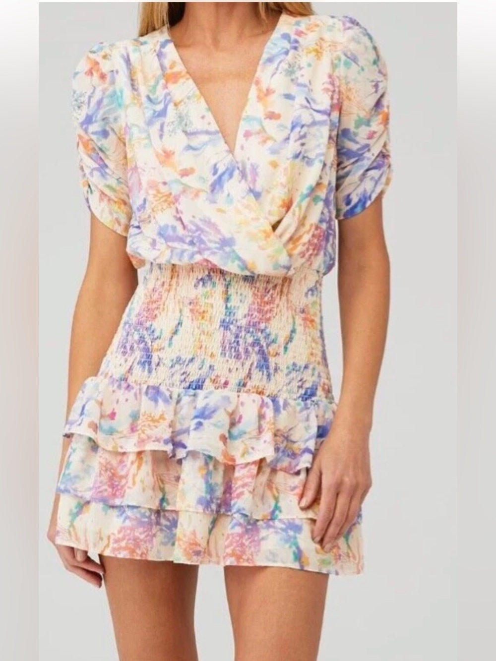 Amanda Uprichard Pastel Floral V-Neck Mini Dress 🌟 size Large